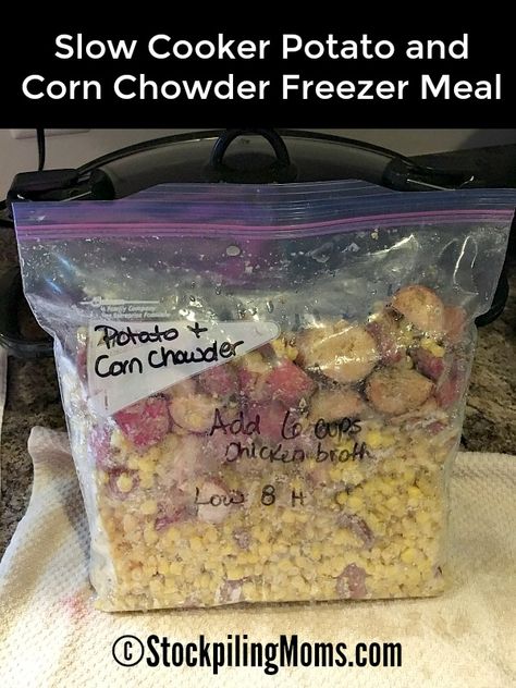 Freezer Potatoes, Potato And Corn Chowder, Vegetarian Slow Cooker, Freezer Breakfast Meals, Slow Cooker Potato, Crockpot Freezer Meals, Freezer Prep, Vegetarian Freezer Meals, Potato Corn Chowder