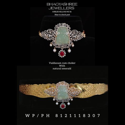 Presenting A Beautiful Vaddanam cum Choker Studded with Natural Emerald & Diamonds EF-VVS IGI CERTIFIED. Visit us for exclusive designs at maximum discounted prices. For Video call no 8121118307 Free Shipping in INDIA. #bhagyashreejewellers #diamondvaddanam #diamonds #diamondharam #diamondchowker #DiamondChoker #diamondchokerset #diamondcollection #bridalsets #weddingcollection #freeshipping #BridalWeddingSet #bridaldiamond #bridaldiamonds #diamondvaddanam #jubileehillsroadno36 #weddin... Diamond Vaddanam Design, Hip Chains, Diamond Vaddanam, Vaddanam Designs, Belt Gold, Hip Belt, Diamond Necklace Set, Diamond Choker, Gold Designs