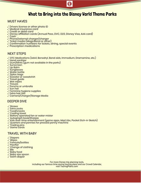 Planning Basics: What to Bring into the WDW Theme Parks - With Printable Checklist - TouringPlans.com Blog - Subscribe at TouringPlans.com for more Disney and Universal trip planning tools. Disney World Hotel, Universal Trip, Disney World Packing, Disney Website, Disney World Hotels, Planning Tools, Printable Checklist, Disney Planning, Medical Insurance