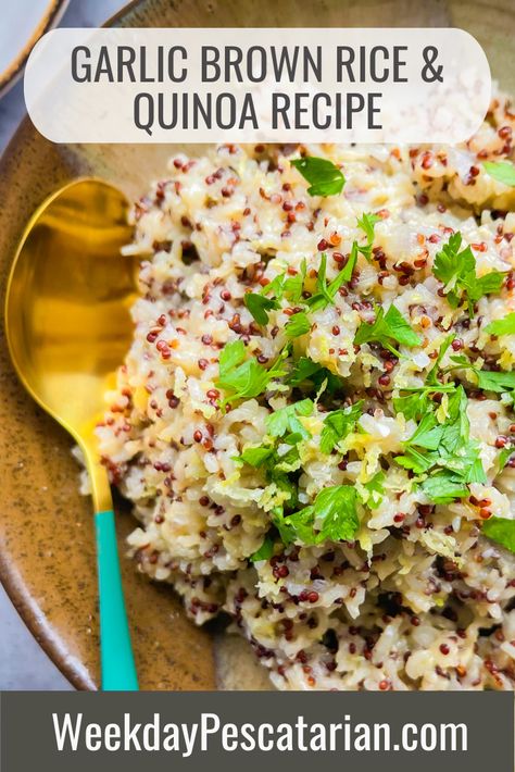 Quinoa Brown Rice Recipes, Rice Quinoa Recipes, Brown Rice And Quinoa Recipe, Garlic Brown Rice, Brown Rice Side Dish, Brown Rice And Quinoa, Starchy Sides, Rice And Quinoa, Quinoa Recipes Easy