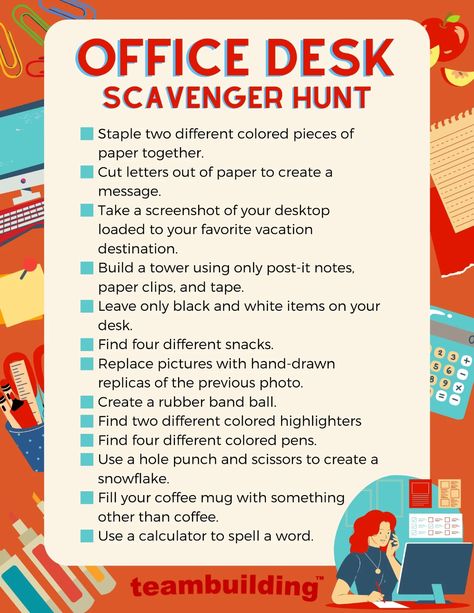 9 Fun Office Scavenger Hunt Ideas & Templates for 2022 Fun Work Place Competitions, Office Scavenger Hunt Team Building, Employee Scavenger Hunt, Fun Activities For Office Team Building, Work Scavenger Hunt Ideas, Scavenger Hunt Ideas For Workplace, Virtual Scavenger Hunt Ideas For Work, September Office Activities, Office Scavenger Hunt Ideas