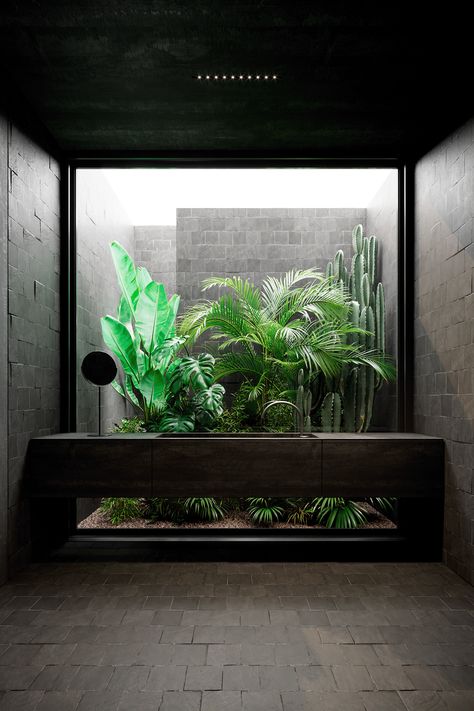 Moonshadow on Behance Modern Black Bathroom, Bathroom Design Black, Outdoor Toilet, Tropical Bathroom, Aesthetic Garden, Garden Aesthetic, Outdoor Bathrooms, Toilet Design, Green Interiors