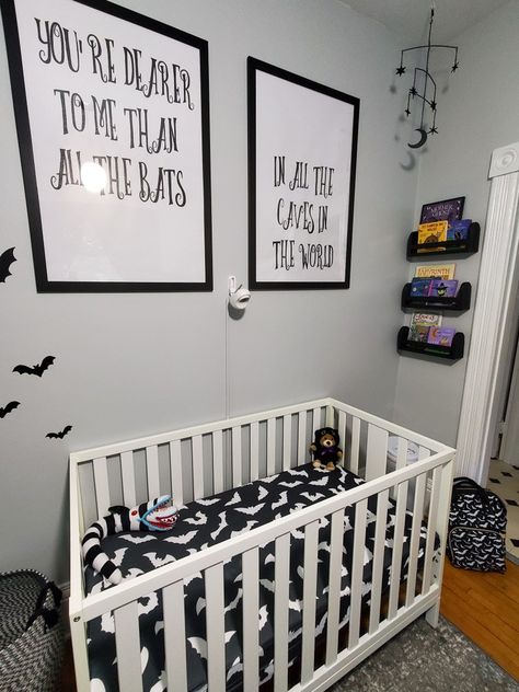 Bat baby room goth spooky nursery Spooky Nursery Theme, Adams Family Nursery, Bat Themed Nursery, Spooky Nursery Ideas, Emo Nursery, Nbc Nursery, Goth Nursery Ideas, Bat Nursery, Goth Baby Nursery