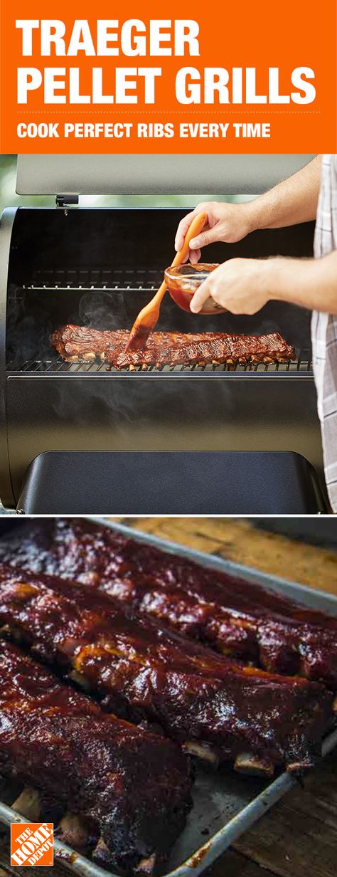 Make cooking ribs easier and tastier with a Traeger Pellet Grill from The Home Depot. Smoke, bake, roast, braise or BBQ your favorite meals with confidence. Click to shop the right grill for you and check out Traeger’s most popular recipes. Smoked Ribs In Pellet Smoker, Baby Back Ribs On Grill, Loin Roast Recipes, Cooking Ribs, Ribs In Oven, Pork Loin Roast Recipes, Pellet Grill Recipes, Smoked Meat Recipes, Pellet Grills