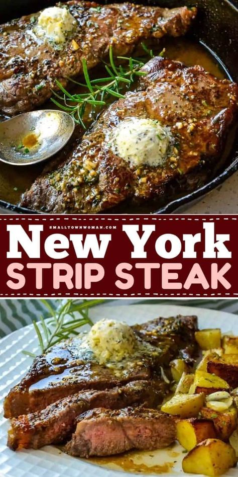 Impress family and guests with this easy dinner idea! This cast irons skillet recipe lets you have a foolproof New York Strip Steak. Seared then basted with garlic herb butter, this meat main dish is tender, juicy, and tasty! Ny Strip Steak Recipes Pan Seared, Strip Steak Recipe Oven, New York Strip Steak Recipes, Strip Steak Recipes, Steak Recipes Pan, New York Steak Recipe, Ny Strip Steak Recipes, Steak Recipes Pan Seared, Steak On Stove