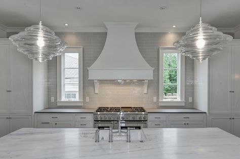 Hood With Windows On Each Side, Range Between Two Windows, Range Between Windows, Egypt Apartment, Hood Fans, Kitchen Sink Window, Gray Brick, Trendy Kitchen Tile, Island Countertop