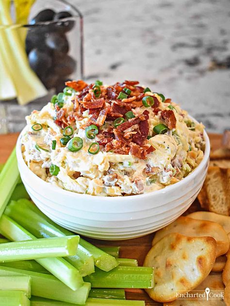 Neiman Marcus Million Dollar Dip is rich just like its name implies. It is creamy, cheesy, and loaded with bacon, almonds, and sliced green onions. If you are looking for the best cheese dip recipe for entertaining anytime and anywhere, this is the one! Neiman Marcus Dip Recipe, Million Dollar Cheese Dip, Neman Marcus Dip, Nieman Marcus Dip, No Cheese Appetizers, Easy No Cook Appetizers, Savoury Dips, Football Munchies, Best Cheese Dip