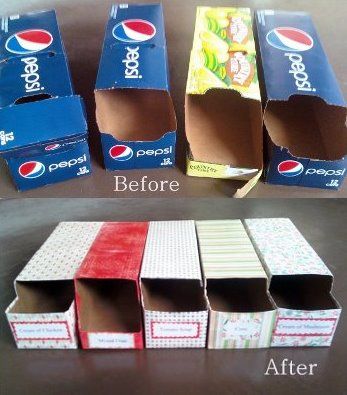 Turn old soda boxes into containers for canned items.  Just use scrapbook paper and decopage or even wrapping paper would work.  Saves so much space in the pantry! Totally doing this!!!! Soda Box Crafts, Recycled Ideas, Reuse Containers, Decoupage Crafts, Clutter Solutions, Getting Organized At Home, Cardboard Crafts Diy, New Year Resolution, Organizational Ideas