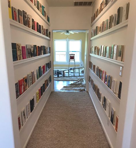 Paige Lewis on Twitter: "Kaveh has been spending all of his free time making sure our new home in Indiana is perfect for when I move up in August. Today he finished the hallway bookshelves and they look so beautiful I could cry. I’m so grateful to have such a cool, kind, loving partner.… https://t.co/G3jpmubjWR" Bookcase In Hallway Ideas, Hallway With Bookshelves, Bookshelves In Hallway, Corridor Library, Bookshelves Hallway, Hallway Bookcase, Hallway Bookshelves, Hallway Library, Ikea House