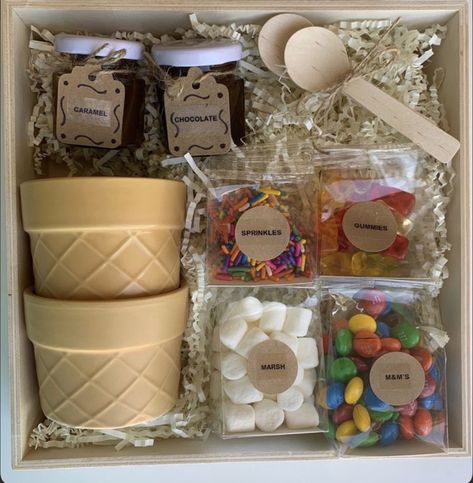 Ice Cream Gift Basket, Popcorn Dessert, Food Gift Box, Ice Cream Gift, Celebration Box, Dessert Gifts, S'mores, Cadeau Diy, Central Valley