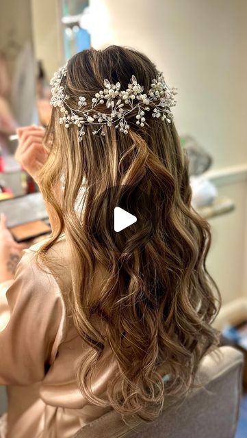 Emily // Styled by Emily on Instagram: "Zoey’s wedding day hair 🥰🤍  Extensions from @foxylocks  . . . . . #bridalhair #bridalhairstyles #weddinghair #weddinghairstyles #stylehair #dayinthelife #dfwbride #dfwhairstylist #dfwhairscene #dallasbride #bridalhairinspo" Quincera Hairstyles, Half Up Hairstyles, Wedding Day Hair, Half Up Half Down Hair Prom, Quince Hairstyles With Crown, Surprise Surprise, Bridesmaid Hairstyles Half Up Half Down, Bridesmaid Hair Makeup, Prom Hair Down