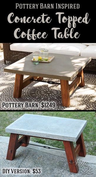 Coffee Table Pottery Barn, Table Beton, Outdoor Table Tops, Diy Outdoor Table, Wood And Concrete, Pottery Barn Inspired, Concrete Furniture, Concrete Table, Ideas Craft