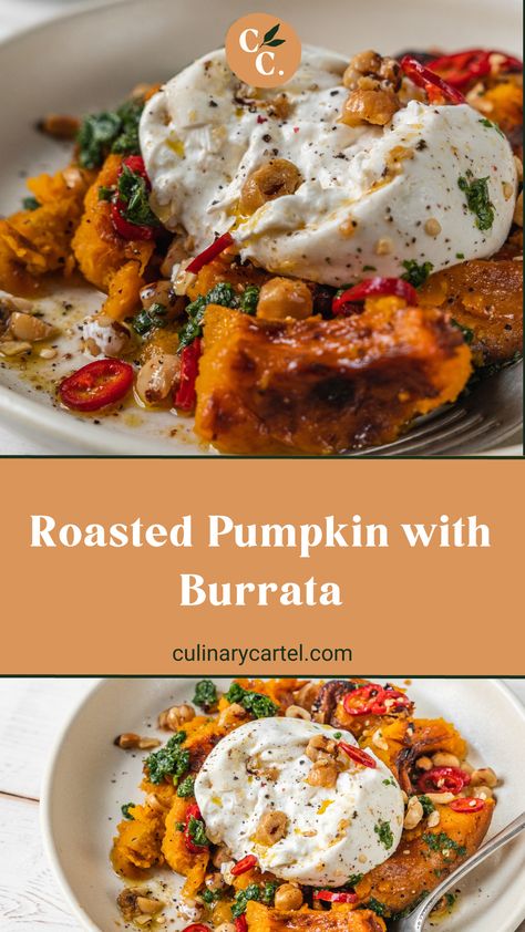 Healthy Autumn Recipes Clean Eating, Fall Burrata Recipe, Autumn Dishes Recipes, Autumn Italian Recipes, Healthy Italian Vegetarian Recipes, Autumn Burrata Salad, Autumn Starter Recipes, Fall Burrata Salad, Baked Pumpkin Recipes Dinner