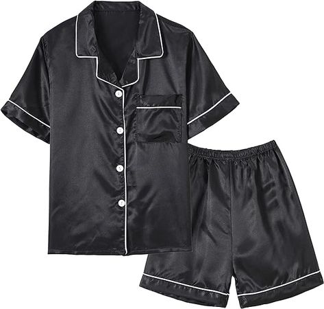 Amazon.com: Vopmocld Big Kids Unisex Pjs Set Girls Boys Silk Pajama Sets Satin Clasic Sleepwear Summer 2 Pieces Button Down Nighty, Black 12: Clothing, Shoes & Jewelry Black Silk Pajama Set, Cute Silk Pajama Sets, Cute Pjs Aesthetic Silk, Kids Silk Pajamas, Black Silk Pjs, Silk Pjs Aesthetic, Silk Pajamas Aesthetic, Black Pjs, Silky Pjs