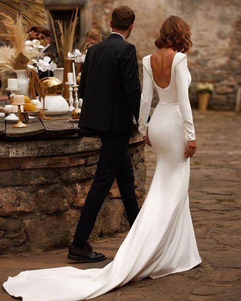 Simple Wedding Dresses For Elegant Brides ★ simple wedding dresses sheath low back with long sleeves train millanova Elegant Wedding Dress Mermaid, Casual Fall Wedding, Backless Bridal Dresses, Satin Mermaid Wedding Dress, Wedding Dress Mermaid, Backless Bridal Gowns, Long Sleeve Bridal Gown, Satin Bridal Gowns, Wedding Dress Fabrics