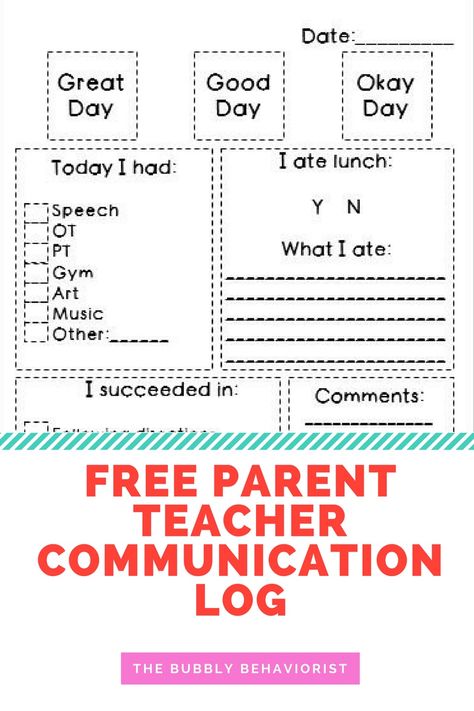 FREE Daily Parent Communication Log – The Bubbly Behaviorist Daily Communication Sheets For Parents, Preschool Parent Communication, Preschool Communication Log, Parent Communication Log Free Printable, Communication Log For Teachers, Teacher Communication Log, School Communication Log, Parent Communication Folder, Daily Parent Communication Log