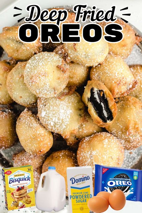 Deep-Fried Oreos are that classic county fair guilty pleasure that we all know and love. Our favorite chocolate cookies covered in batter and fried until golden brown and soft and delicious! Best Fried Oreos Recipe, Easy Deep Fried Oreos, Things To Fry Deep Fryer, Deep Fried Oreos Pancake Batter, Deep Fried Recipes Easy, How To Make Deep Fried Oreos, Fried Oreos With Pancake Mix Recipe, Fried Desserts Easy, How To Make Fried Oreos