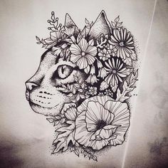 Beautiful cat covered with flowers tattoo design. Color: Black. Tags: Best, Beautiful Tiki Tattoo, Tier Tattoo, Tattoo Dotwork, Kunst Tattoos, Bull Tattoos, Cat Tattoos, Hawaiian Tattoo, Cat Tattoo Designs, Floral Cat