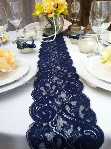 NAVY BLUE Lace/Table Runner/3ft -10ft long x 7in wide/Wedding ... Tafel Decor, Lace Table Runners, בר מצווה, Lace Table, Navy Blue Wedding, Wedding Table Decorations, Navy Wedding, Wedding Time, Trendy Wedding