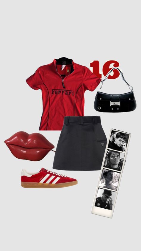 #ferrarif1 #charlesleclerc #outfitinspo #formula1 #redandblack Trendy Outfits Edgy, Race Outfit, Race Day Outfits, Trip Outfits, Trendy Summer Outfits, Aesthetic Women, Football Outfits, Outfit Women, Girls Fashion Clothes