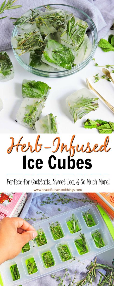 These Simple Herb Infused Ice Cubes are a great way to fancy-up any drink!  herb infused ice cubes | sweet tea | flavored sweet tea | infused water | water flavors | herb recipes Herb Ice Cubes, Infused Ice Cubes, Water Flavors, Flavored Ice Cubes, Drink Recipes Nonalcoholic, Herb Gardening, Herb Recipes, Water Water, Water Recipes