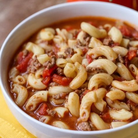 Beef and Tomato Macaroni Soup Recipe - Lil' Luna Tomato Macaroni Soup Recipe, Hamburger Macaroni Soup, Tomato Macaroni Soup, Hamburger Macaroni, Macaroni Soup Recipes, Tomato Macaroni, Macaroni And Tomatoes, Beef Macaroni, Sweet Custard