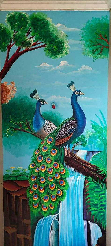 Scenary Paintings On Wall, Peacock Scenery Drawing, Peacock Scenery Painting, Beautiful Peacock Drawing, Peacock Sitting On Branch Drawing, Peacock Mural Painting Wall Art, Kudrati Drasy Drawing, Real Peacock Images, Peacock Mural Painting