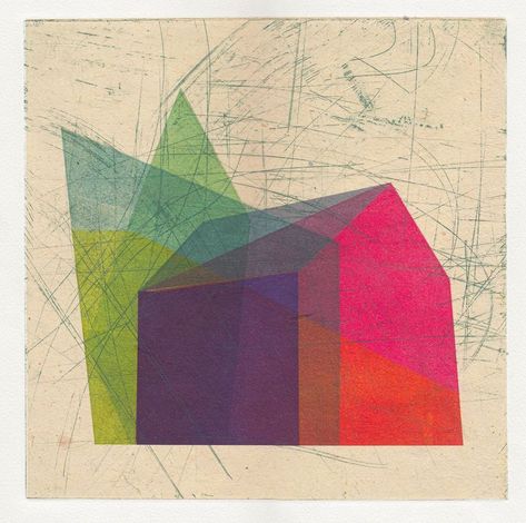 an abstract bright colourful house image with etched marks on top Chine Colle Printmaking, Shelter Bed, Overlapping Shapes, Fine Art Printmaking, Take Shelter, Geometric Inspiration, Geometric Art Prints, Monoprint, Geometric Art