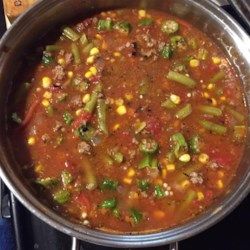 Slow Cooker Veggie-Beef Soup with Okra - Allrecipes.com Beef Stew With Okra, Vegetable Soup With Okra, Frozen Okra Recipes, Vegetable Soup With Ground Beef, Vegetable Meals, Homemade Vegetable Beef Soup, Soup Beef, Okra And Tomatoes, Tomato Recipe