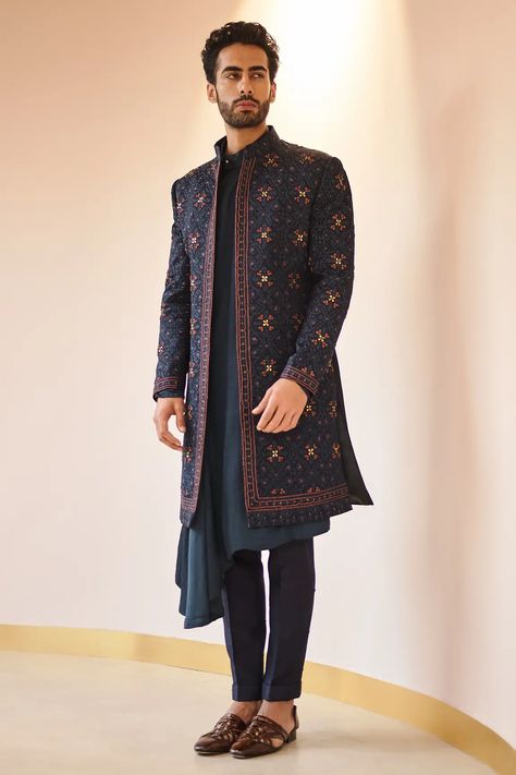 Shop for Jatin Malik Blue Satin Kashmiri Jamawar Jacket And Kurta Set for Men Online at Aza Fashions Jatin Malik, Indian Wedding Clothes For Men, Nehru Jacket For Men, Indo Western Sherwani, Sherwani For Men Wedding, Wedding Kurta For Men, Sherwani For Men, Blue Kurta, Kurta Men