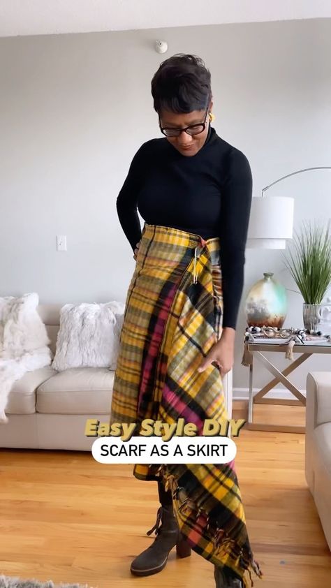 Scarf Into Skirt Diy, Blanket Skirt Diy, Scarf To Skirt Diy, Skirt From Scarf, Scarf Skirt Wrap Diy, Scarf As A Skirt, Scarf Tips, Blanket Scarf Outfit, How To Wear A Blanket Scarf