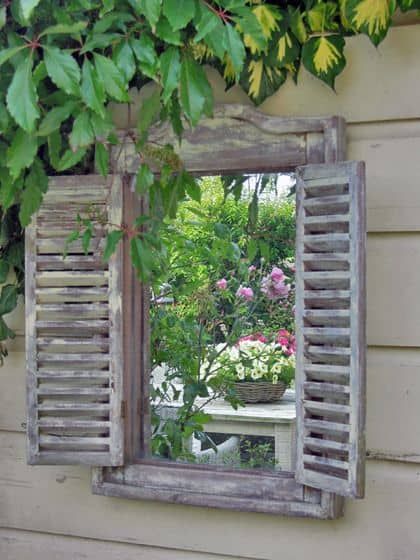 Mirror Diy Projects, Shutter Mirror, Faux Window, Tabletop Fountain, Garden Mirrors, Cottage Garden Design, Walled Garden, Cottage Gardens, Garden Types