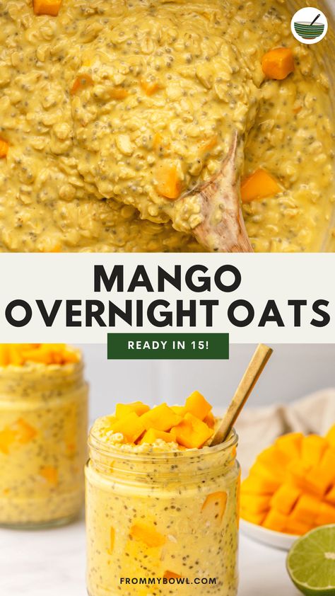 Mango Overnight Oats are a tropical twist on the classic overnight oats recipe. Infused with fresh mango, coconut, lime and nutritious chia seeds. Vegan, Gluten-Free, Refined Sugar-Free. Mango Overnight Oats, Strawberry Overnight Oats, Overnight Oatmeal Recipes, Vegan Overnight Oats, Easy Overnight Oats, Vegan Breakfast Easy, Overnight Oats Recipe Healthy, Banana Overnight Oats, Oats Recipe