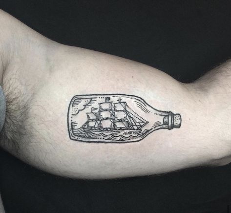 Ship In A Bottle Tattoo, In A Bottle Tattoo, Jar Of Dirt, Art Inspired Tattoos, Ink Link, Etching Tattoo, Ship In A Bottle, Small Chest Tattoos, Pirate Tattoo