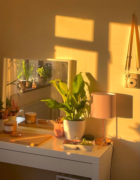 Sleeping Aethestic, Light Yellow Room Aesthetic, Bedroom Aethestic, Yellow Aesthetic Room, Sunlight Room, 3 Tier Plant Stand, Display Ladder, Tier Plant Stand, Golden Hour Aesthetic