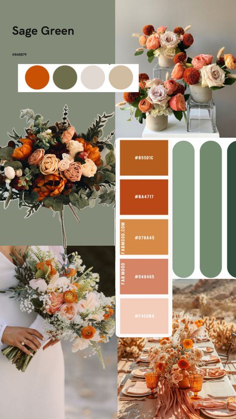 Sage And Orange Wedding Theme, Wedding Color Schemes With Orange, Terracotta Sage Green And Gold Wedding, Late Winter Wedding Colors, Peach Orange And Green Wedding, Sage Green And Orange Wedding Theme, Green Orange Wedding Colors, Green Orange Gold Wedding, Tuscan Wedding Colors