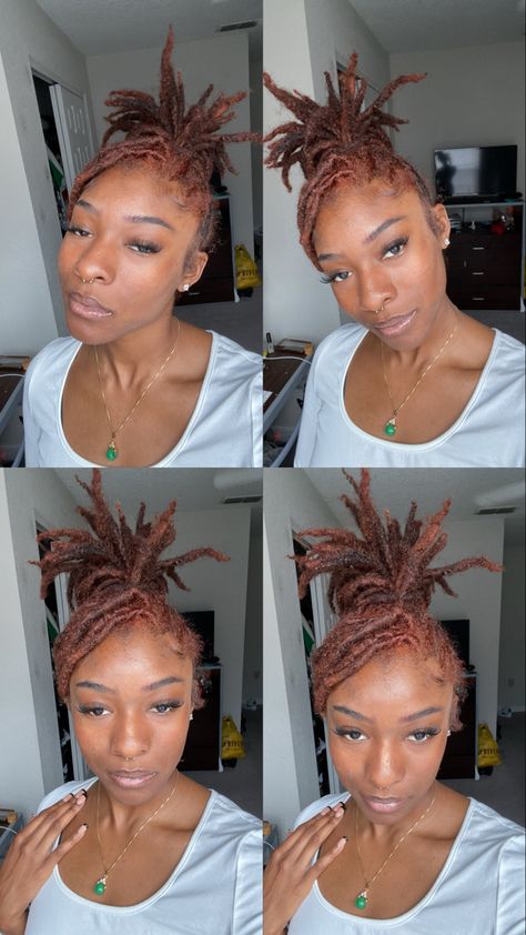 Cinnamon Color Locs, Cinnamon Adore Hair Color, Cajun Spice Locs, Adore Cinnamon Hair Color, Reddish Brown Locs, Ginger Brown Locs, Cinnamon Locs, Auburn Locs Black Women, Cajun Spice Hair Color On Black Women