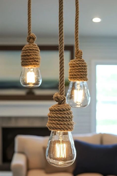 "Create a stylish and functional light fixture with a DIY Rope Pendant Light! 🧶💡 Perfect for bringing a touch of rustic charm to your home. 🌟✨ #RopePendant #DIYProjects #HomeLighting" Diy Rope Pendant Light, Rope Lamps, Rope Lighting Chandelier, Small Bedroom Chandelier With Rope, Rope Light Pendant, Lamp In Kitchen, Pendant Rope Lights, Rope Bulb Light, Rope Lamp