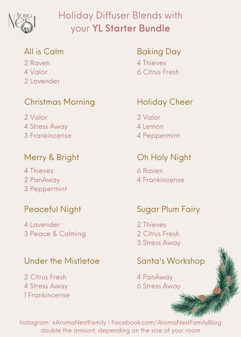 Holiday Diffuser blends with oils from the Young Living Starter Bundle. I diffuser Christmas Spirit throughout the year. It's such a feel-good blend! Christmas Oil Blends Young Living, Holiday Diffuser Blends Young Living, Christmas Spirit Diffuser Blends, Christmas Diffuser Blends Young Living, Christmas Diffuser Recipes, Holiday Diffuser Blends, Young Living Diffuser Recipes, Diffuser Christmas, Diffuser Blends Young Living