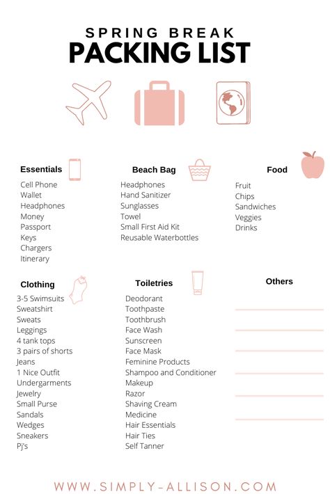 This is the ultimate spring break packing list that is for everyone including college students, family, and kids. Whether you're going to California, Arizona, or Mexico this packing list is for you.Ultimate list that includes outfit, destination ideas, and packing list. #springbreak #springbreakpackinglist #beachspringbreakpackinglist School Trip Packing, Camping Trip Packing List, Bali Outfit Ideas, Business Trip Packing List, Spring Break Packing List, Japan Packing List, Spring Break Packing, Trip Essentials Packing Lists, Abroad Packing List