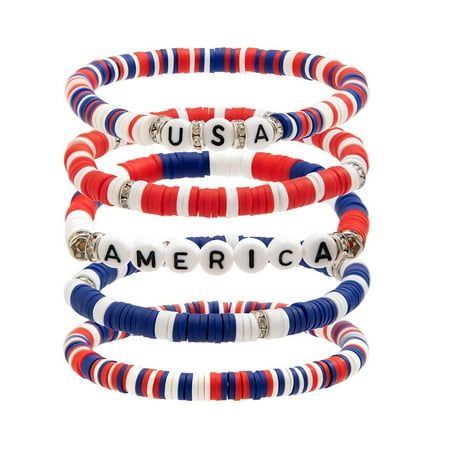 4th Of July Celebration Bracelet Set Independence Day's Soft Ceramic Beaded Monogram Bracelet Stretch Star Flag Clashing Hand Jewelry Material: Soft clay+Acrylic letters+Water drill rings Color: as the picture shows, (Due to the difference between different monitors, the picture may have slight color difference. please make sure you do not mind before ordering, Thank you!) Package weight: 28g Package size: 5x5x3cm,(Please allow 1-3mm error due to manual measurement. please make sure you do not mind before ordering.) Size: One Size.  Color: Gray.  Gender: male.  Age Group: adult. 4th Of July Bracelets, Summer Accessories Beach, Bracelet Stuff, Star Flag, Bracelet Packaging, Summer Beach Jewelry, Bracelets Ideas, Monogram Bracelet, Bracelet Summer