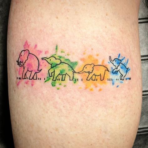 In Line Tattoo, Line Tattoo Designs, Elephant Family Tattoo, Unique Half Sleeve Tattoos, Watercolour Tattoos, Family Walking, Steampunk Tattoo, Elephant Table, Beauty Tattoo