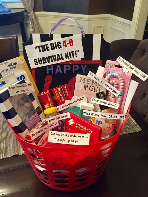 40th birthday survival kit for a woman (most things from dollar tree!) Birthday Survival Kit, 40th Birthday Presents, 40th Bday Ideas, 20th Birthday Gift, 40th Birthday Gifts For Women, Anniversaire Diy, 40th Birthday Decorations, 40th Gifts, 40th Birthday Parties