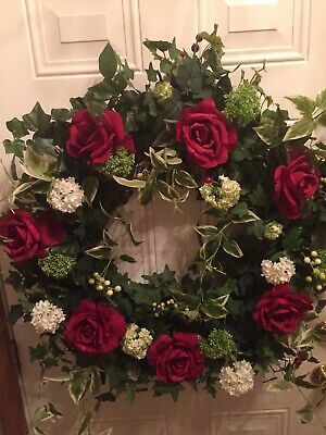 Rose Christmas Wreath, Christmas Weeath Red Door Cool, Rose Wreath Not On The High Street, Wreath Of Red Roses, Snowball Wreath, Red Flower Wreath, Red Rose Wreath, Spring Door Wreath, Summer Front Door