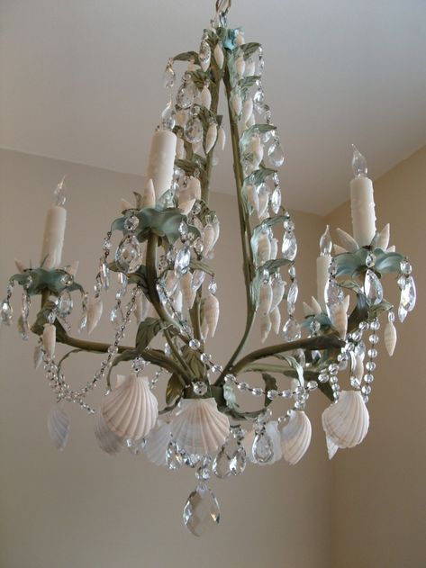 Sea Mist Chandelier Redo, Seashell Lamp, Shell Lamps, Coastal Glam, Mermaid Bedroom, Diy Outdoor Lighting, Shell Chandelier, Mermaid Room, Asian Furniture