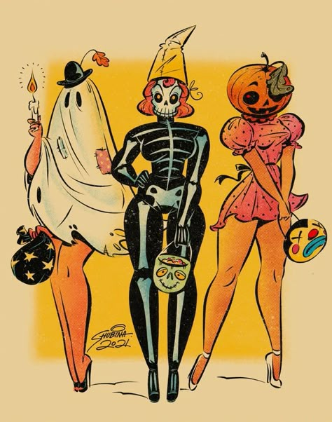 Halloween Pin Up, Vintage Halloween Art, Halloween Pins, Spooky Szn, Halloween Drawings, Pinup Art, Halloween Vintage, Arte Sketchbook, Retro Halloween