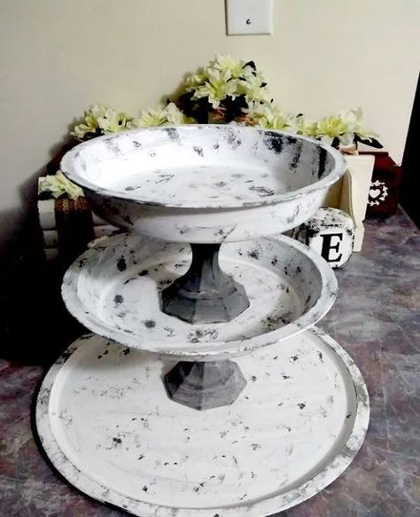 Make Your Own Farmhouse 3 Tier Tray Stack — CraftBits.com #crafts #diy #farmhouse #tier #oventrays #dollartree #hacks 3 Tier Tray, Pots Ideas, Door Decorating Contest, Tiered Tray Diy, Dough Bowls, Tray Ideas, Glass Candlestick Holders, Tiered Stand, Unique Diy Gifts