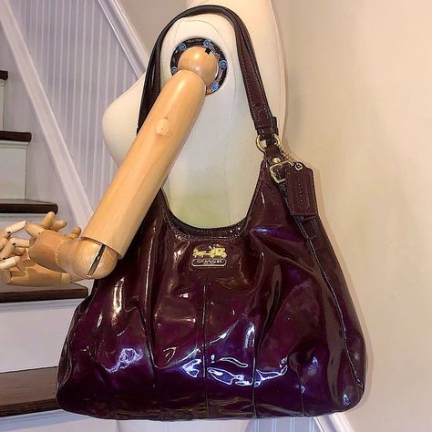 Coach Purple Patent Leather Triple Section Multi-Pocket Hobo Shoulder Bag With Satin Lining Coach Patent Leather Two Shoulder Strap Bag With Three Distinct Sections Condition: Near Mint Condition Color: Purple Exterior, Camel Interior Lining, Gold Hardware Vintage Coach Patent Leather Purse *Coordinating Coach Patent Leather Wallets Listed Separately* Compartments: Middle: One Large Full Zipper Center Compartment That’s Shallower Than The Two Side Compartments. Zipper Closure. Fits Phone, Keys, Big Hobo Bag, Coach Vintage Bag, Coach Leather Bag, Large Leather Bag, Mazzy Star, Large Purse, Vintage Coach Bags, Purple Vintage, Brush Makeup