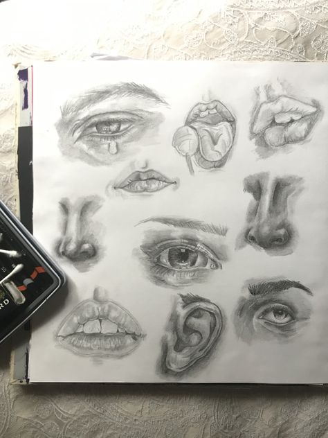 GCSE art - pencil sketches of facial features Gcse Art Pencil Drawing, Gcse Art Facial Features, Personal Expression Art, Gcse Art Facial Features Page, Facial Features Sketchbook Page, Senses Gcse Art, Gcse Art Sketchbook Facial Features, Close Up Facial Features, Gcse Art Sketchbook Body Image