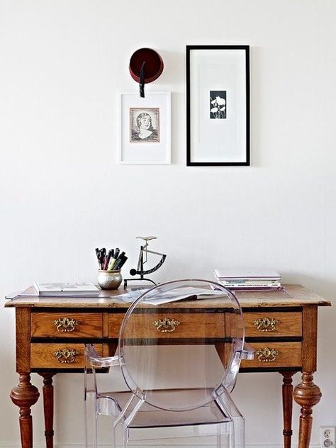 How to Blend Vintage and Modern Elements in a Remodeled Space | construction2style Louis Ghost Chair, Hamilton Watches, Desk Inspiration, Antique Desk, Hus Inspiration, Decoration Inspiration, A Desk, Office Inspiration, Dream Decor